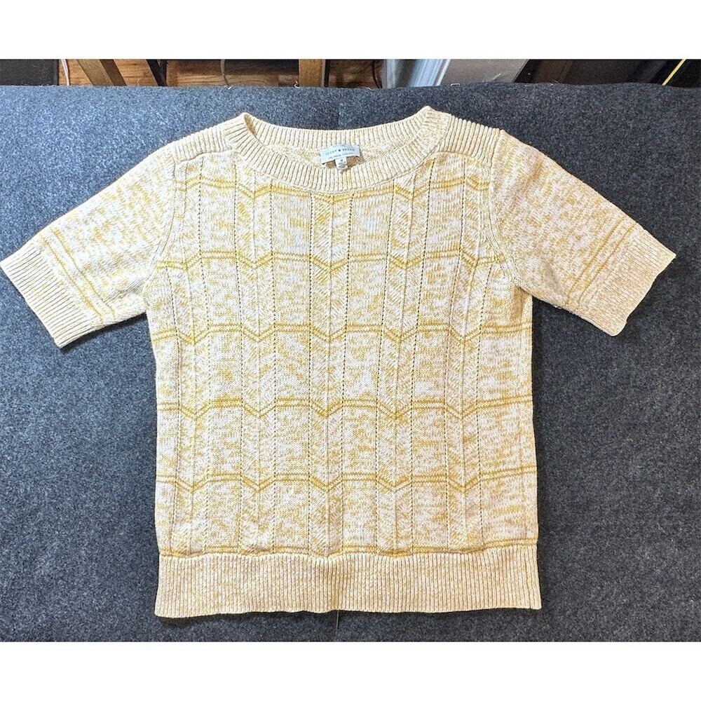 Lucky Brand Sweater Womens M Yellow Ivory Geometric Chevron Short Sleeve